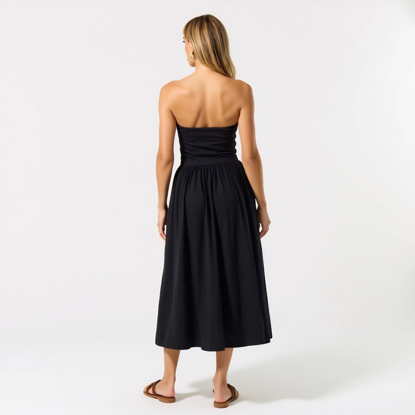 Strapless Smocked Bodice Midi Dress with Flowy Skirt and Pockets
