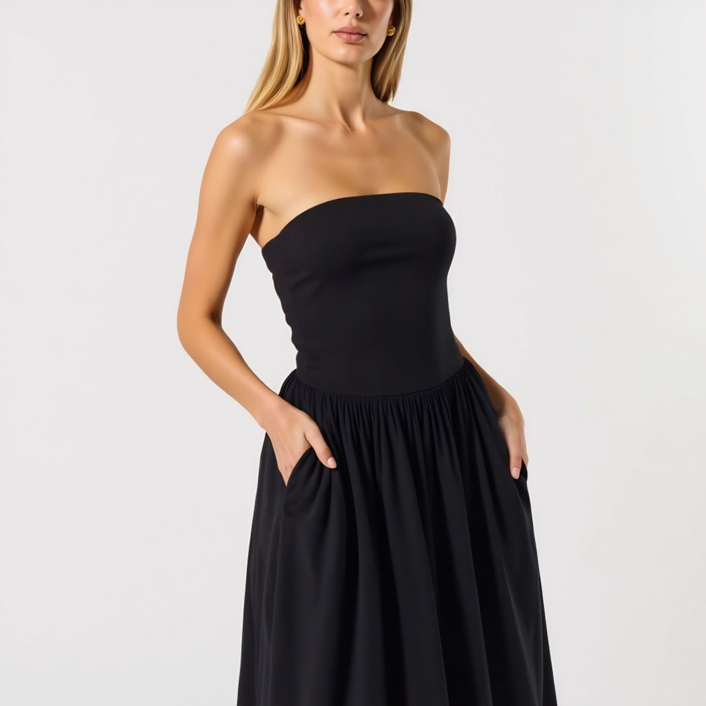 Strapless Smocked Bodice Midi Dress with Flowy Skirt and Pockets