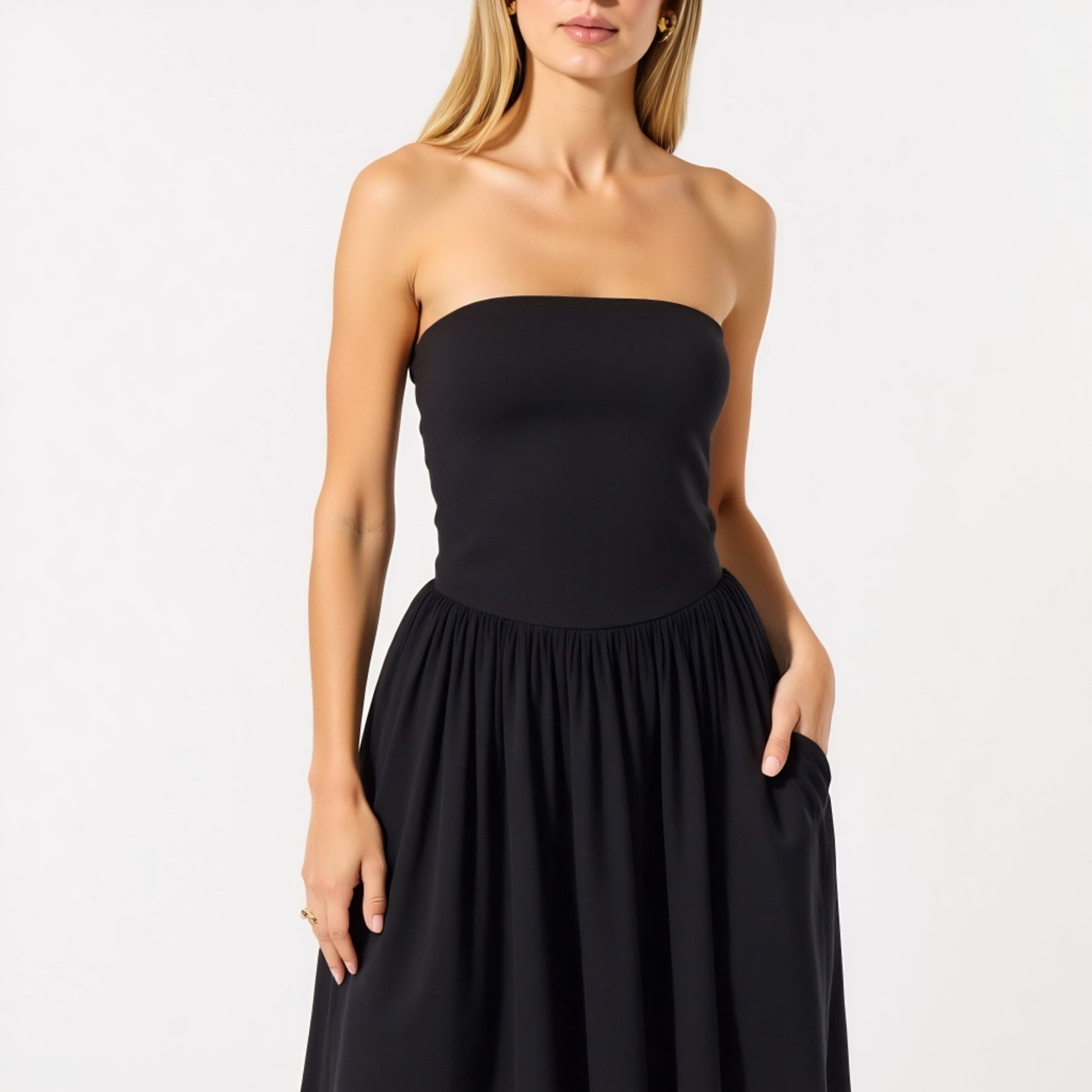 Strapless Smocked Bodice Midi Dress with Flowy Skirt and Pockets