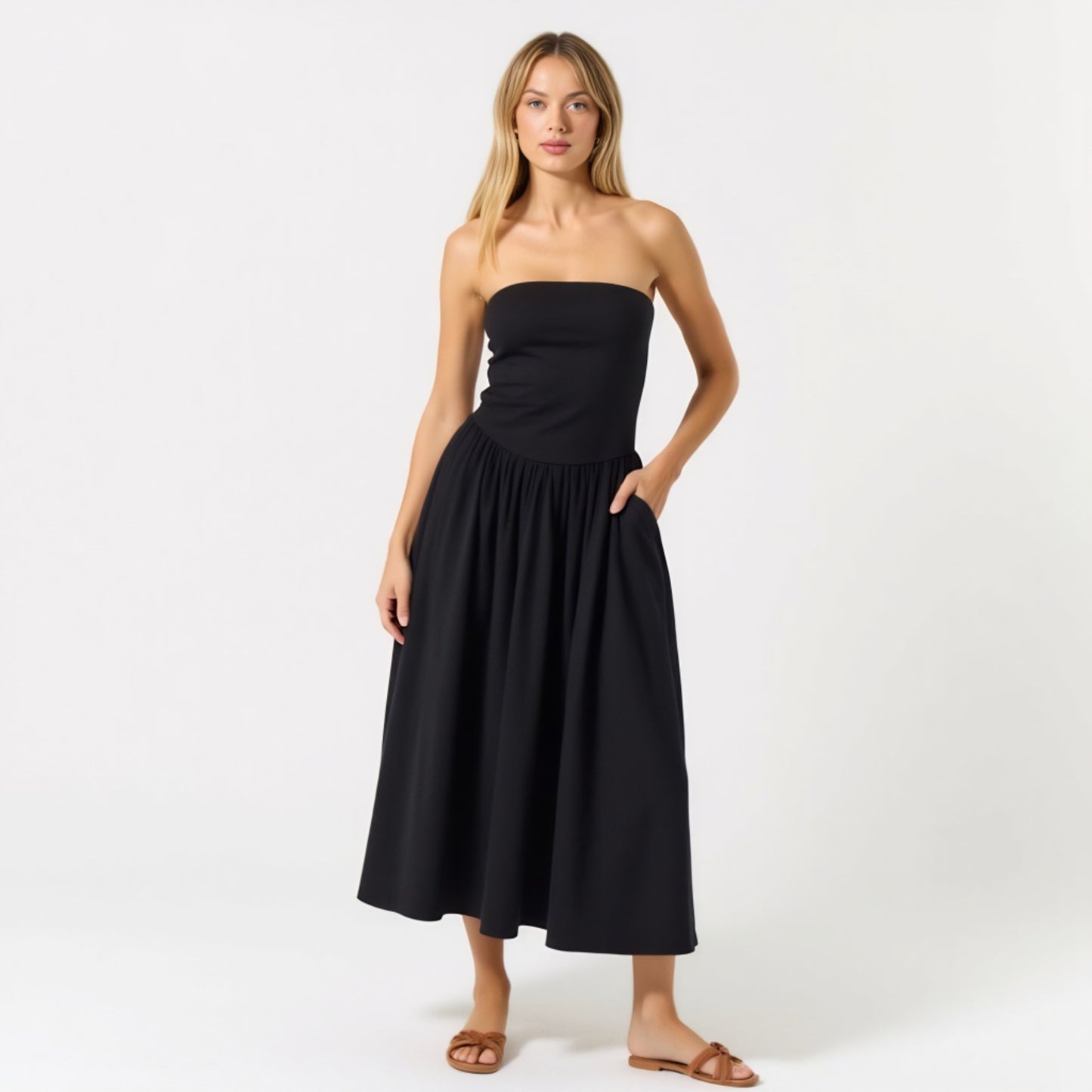 Strapless Smocked Bodice Midi Dress with Flowy Skirt and Pockets