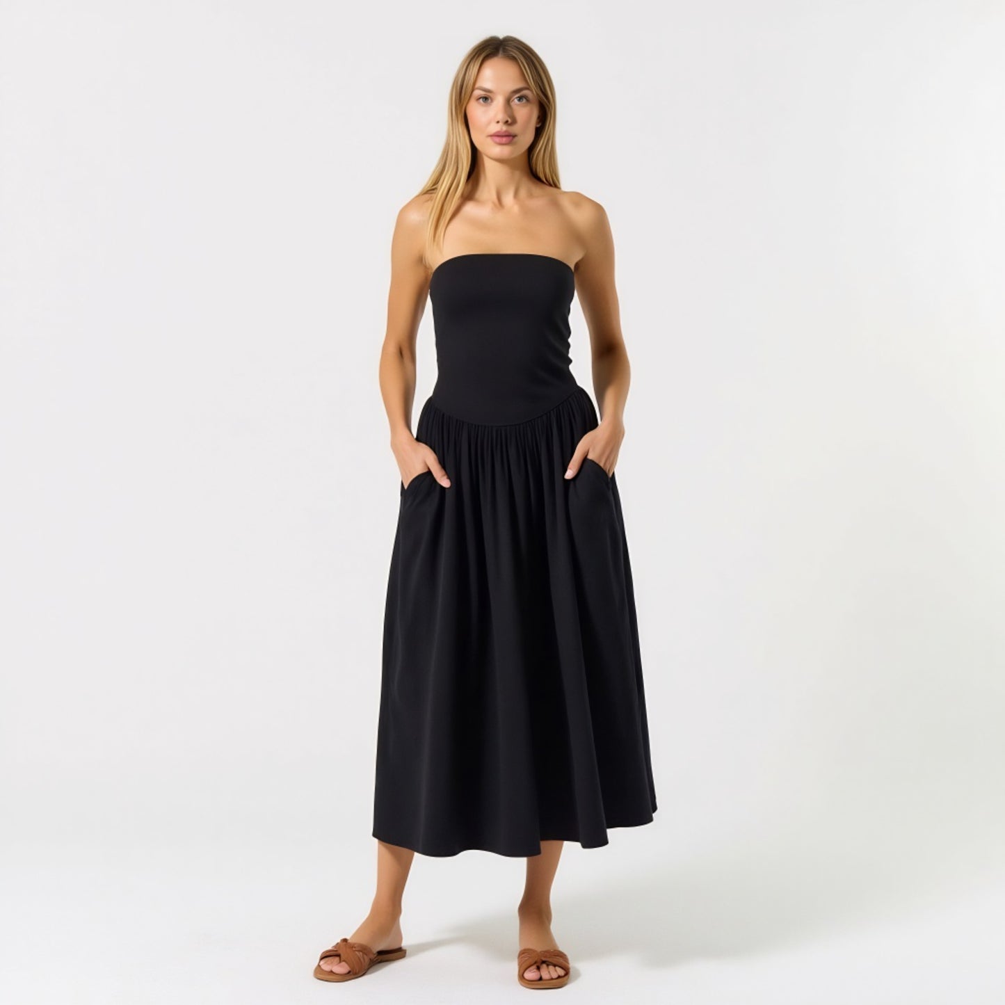 Strapless Smocked Bodice Midi Dress with Flowy Skirt and Pockets