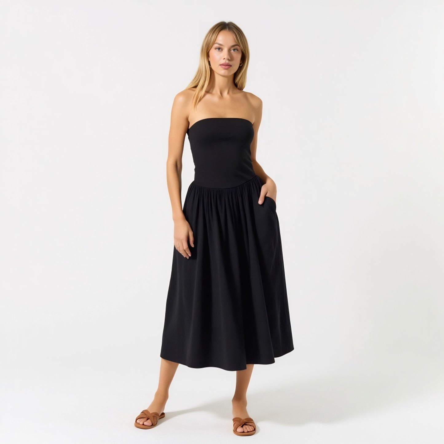 Strapless Smocked Bodice Midi Dress with Flowy Skirt and Pockets