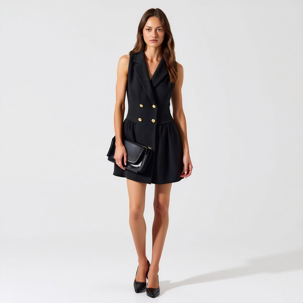 Sleeveless Blazer Dress with Double-Breasted Boucle Tweed and Flared Hem