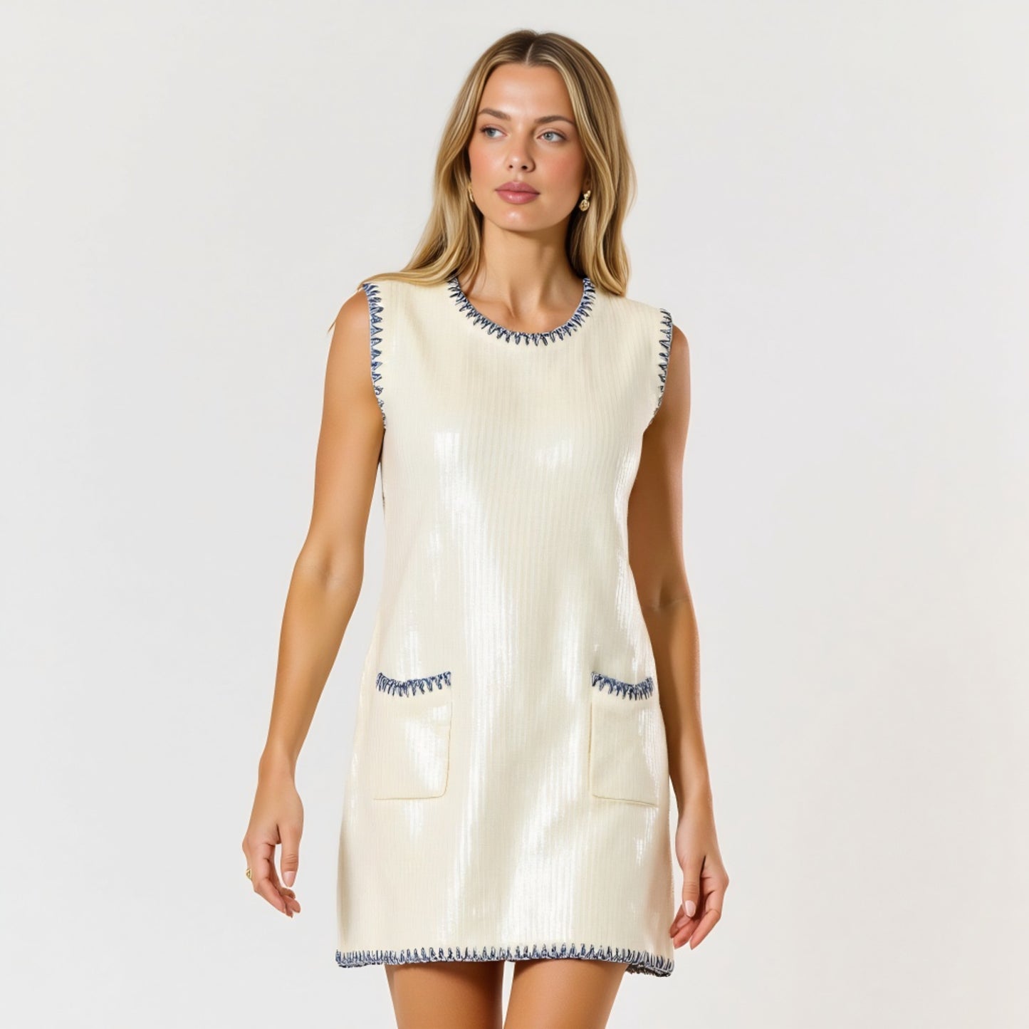 Sleeveless Sequin Knit Mini Dress with Contrast Trim and Pockets