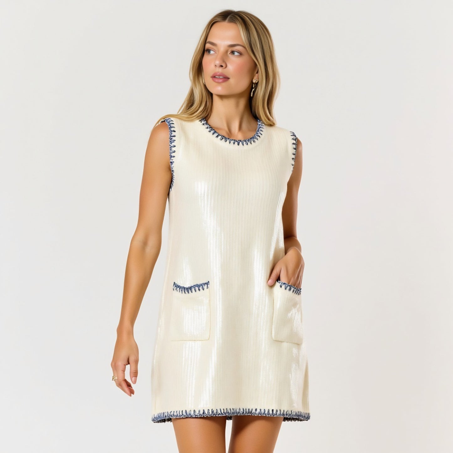 Sleeveless Sequin Knit Mini Dress with Contrast Trim and Pockets