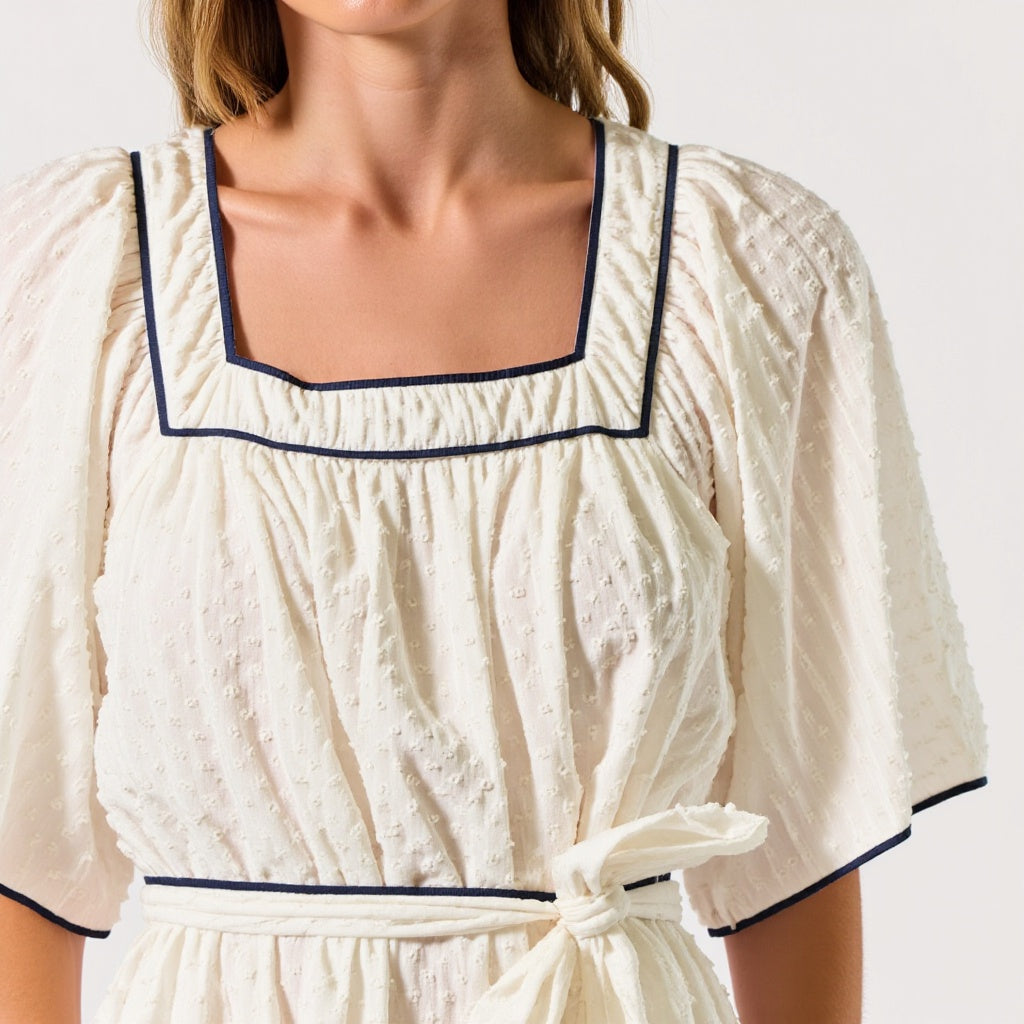 Short-Sleeve Square-Neck Mini Dress with Contrast Trim and Tie Waist