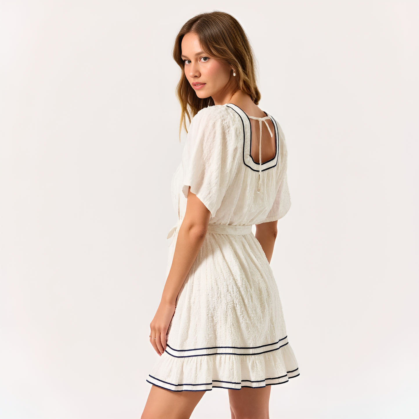 Short-Sleeve Square-Neck Mini Dress with Contrast Trim and Tie Waist