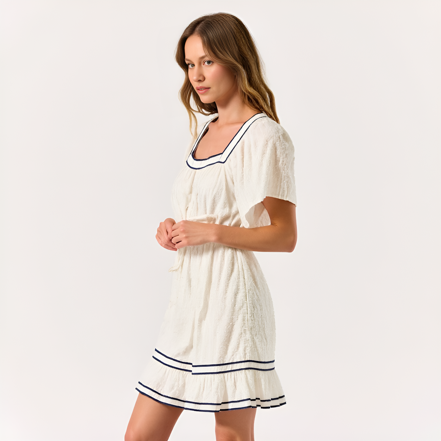 Short-Sleeve Square-Neck Mini Dress with Contrast Trim and Tie Waist
