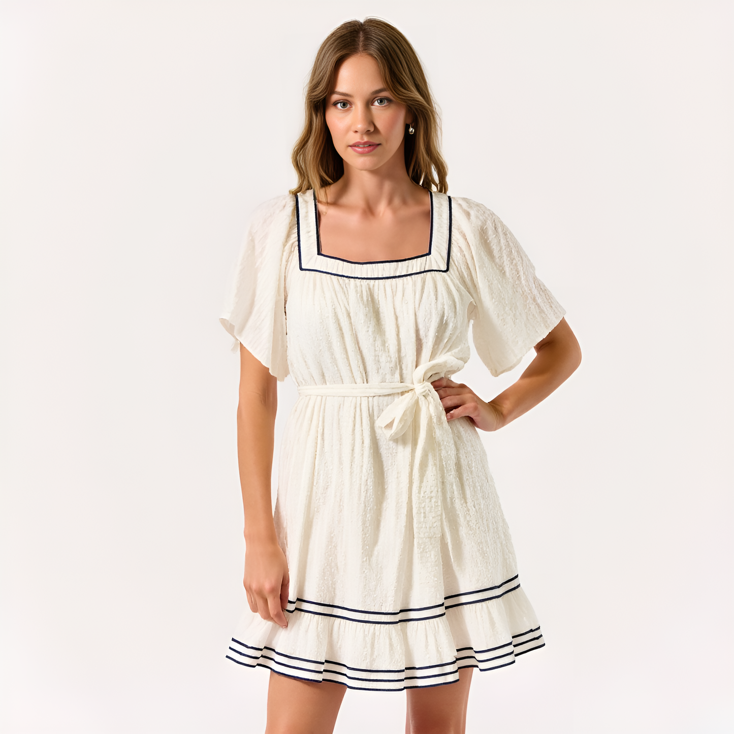 Short-Sleeve Square-Neck Mini Dress with Contrast Trim and Tie Waist