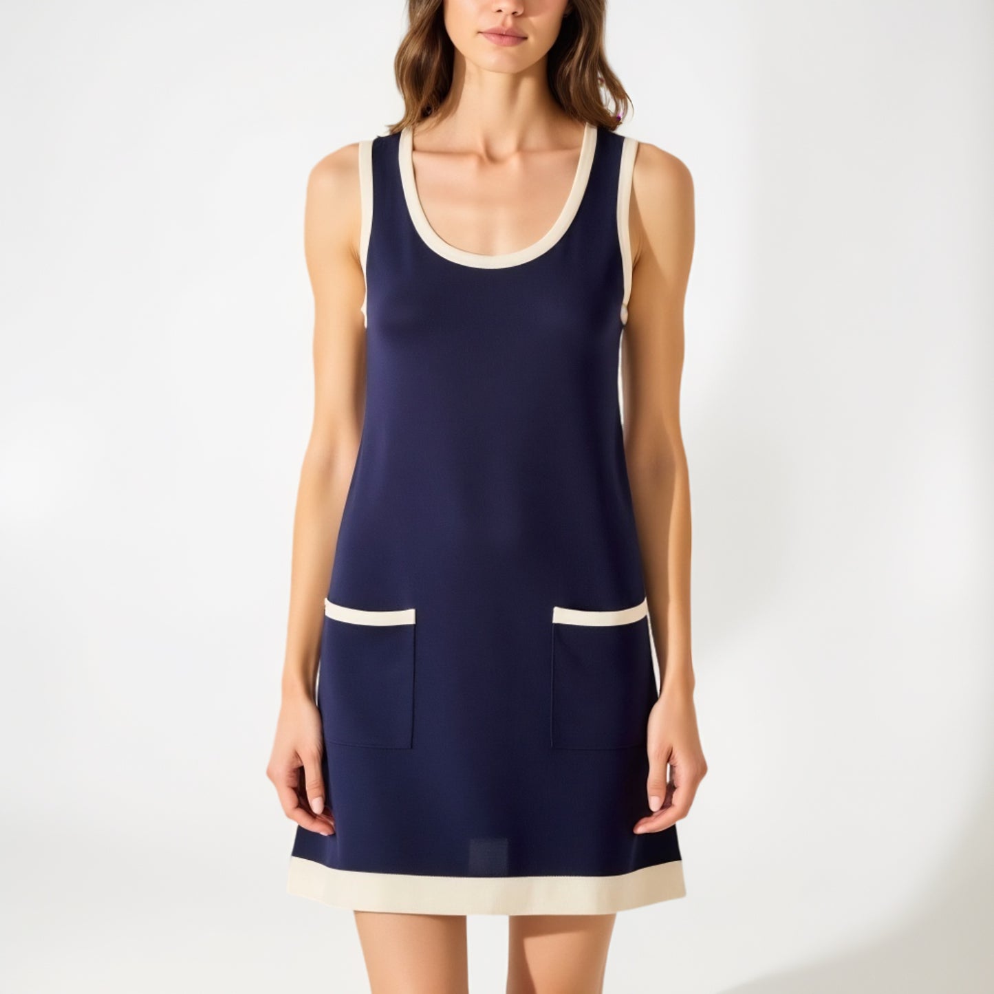 Sleeveless Knit Mini Dress with Contrast Trim and Front Pockets