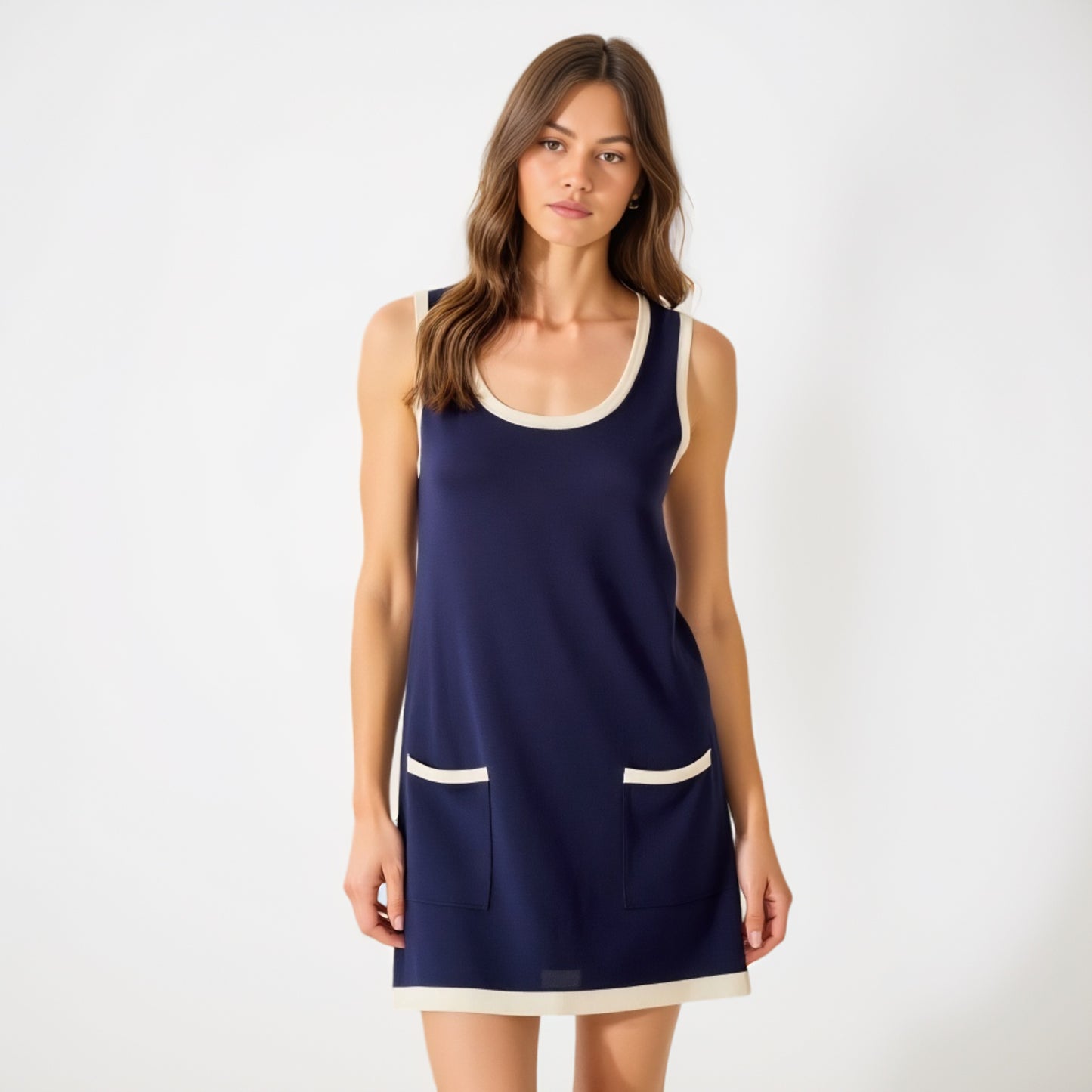 Sleeveless Knit Mini Dress with Contrast Trim and Front Pockets