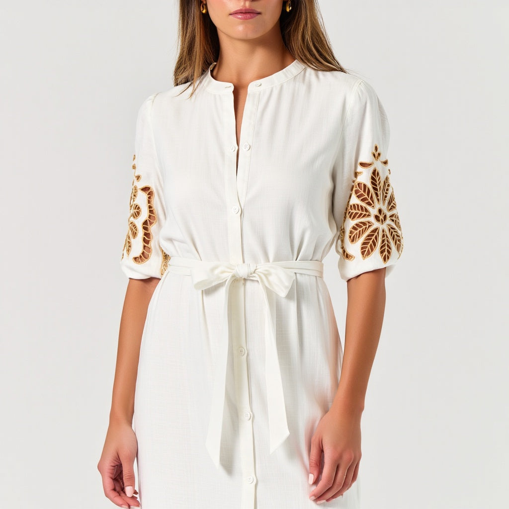 Embroidered Sleeve Button-Front Mini Dress with Tie Waist and Ruffle Hem