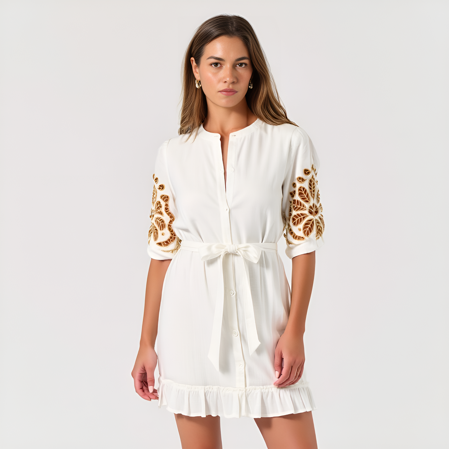 Embroidered Sleeve Button-Front Mini Dress with Tie Waist and Ruffle Hem