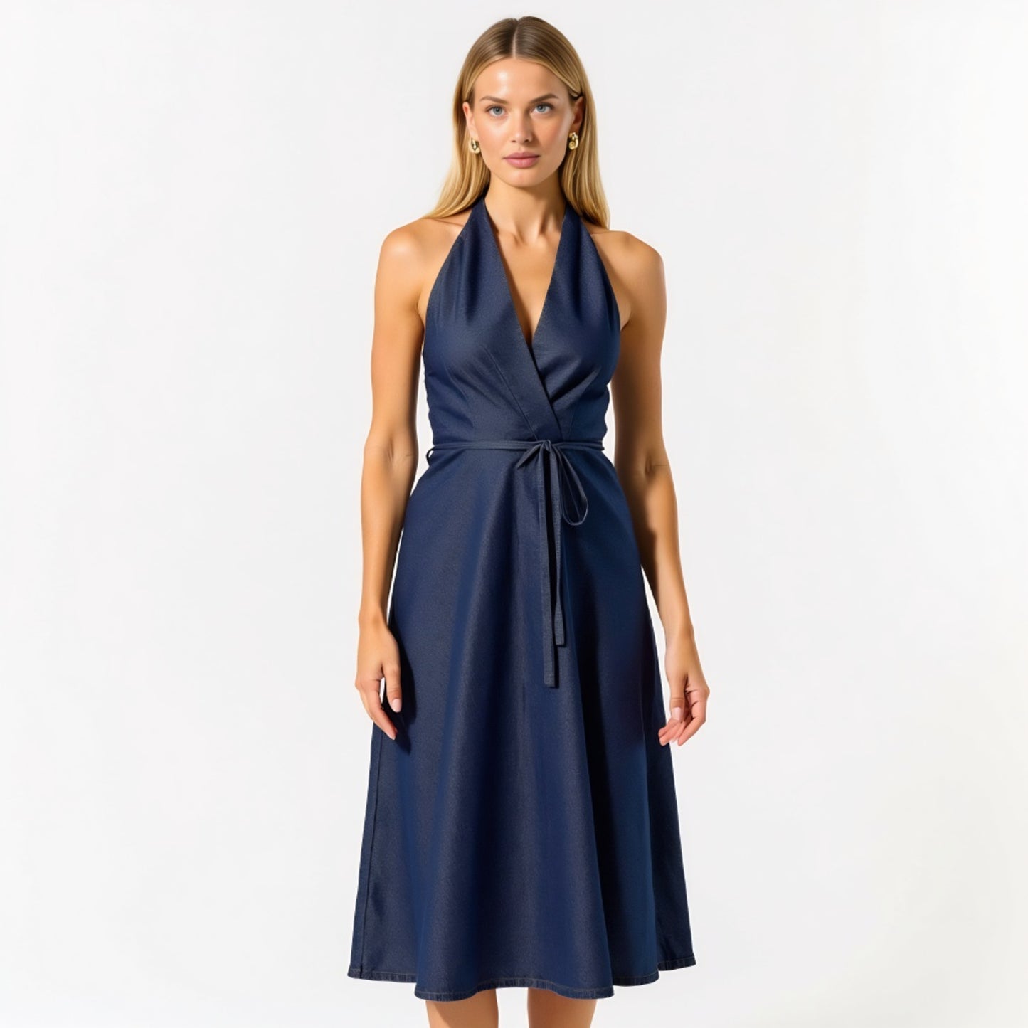 Halter Midi Dress with Wrap Front and Adjustable Waist Tie