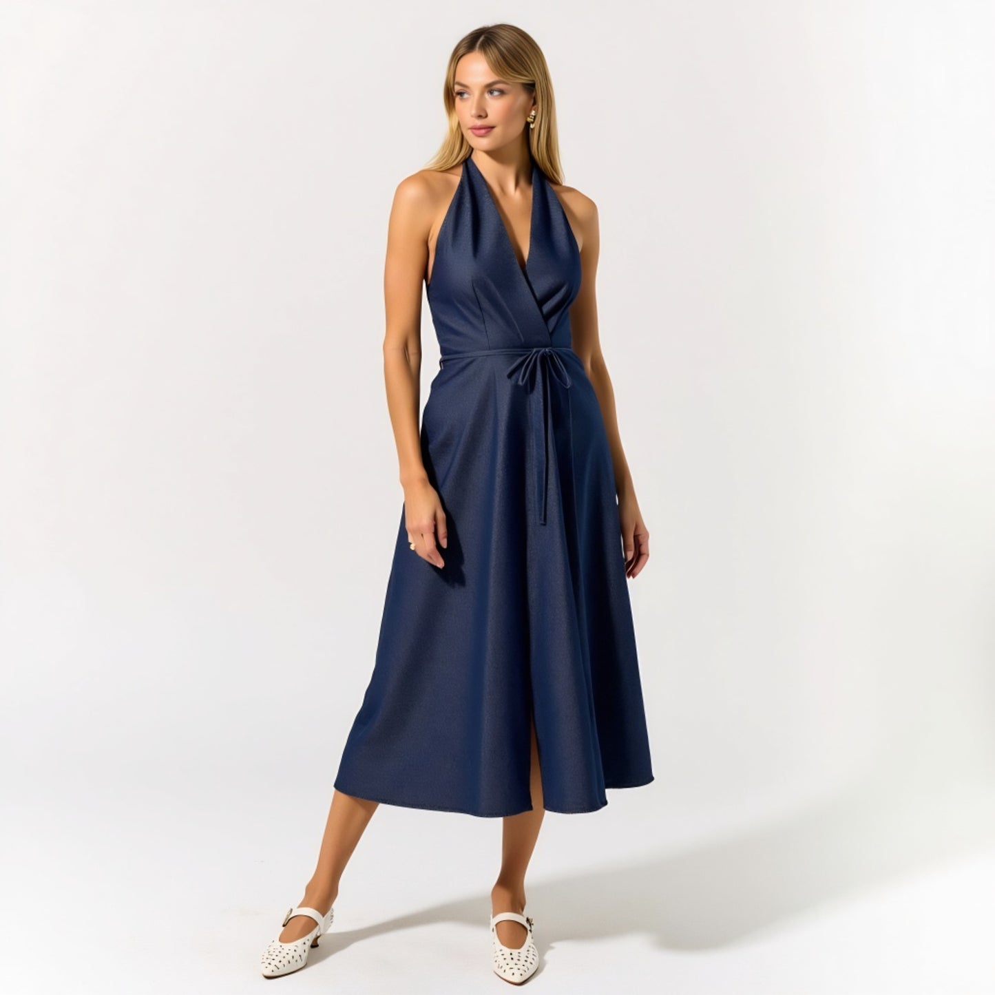 Halter Midi Dress with Wrap Front and Adjustable Waist Tie