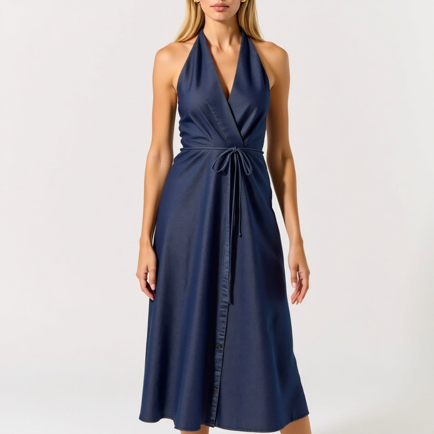 Halter Midi Dress with Wrap Front and Adjustable Waist Tie