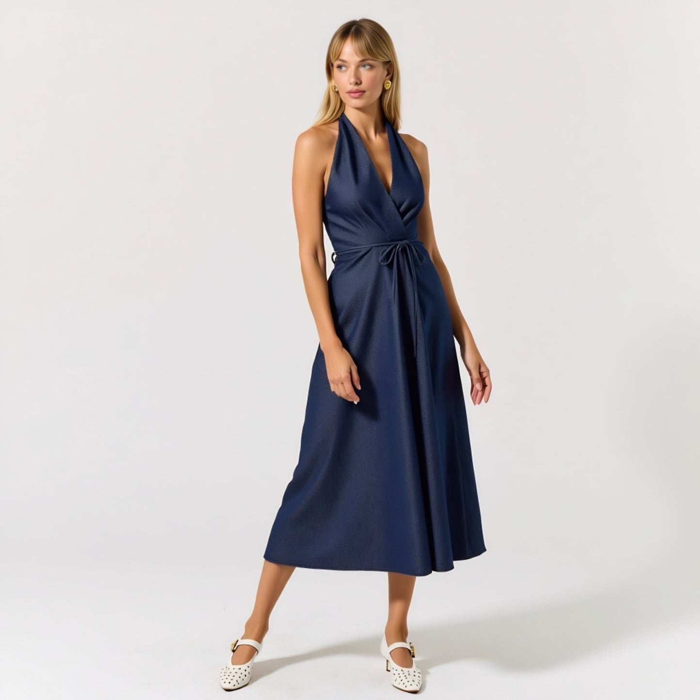 Halter Midi Dress with Wrap Front and Adjustable Waist Tie