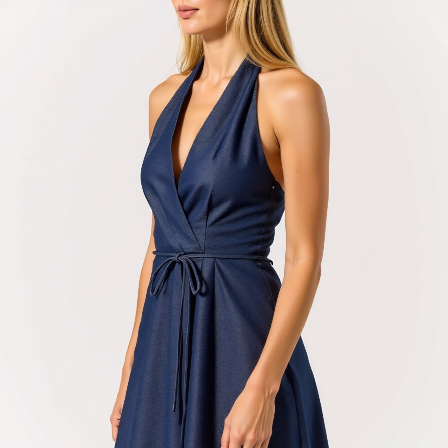 Halter Midi Dress with Wrap Front and Adjustable Waist Tie