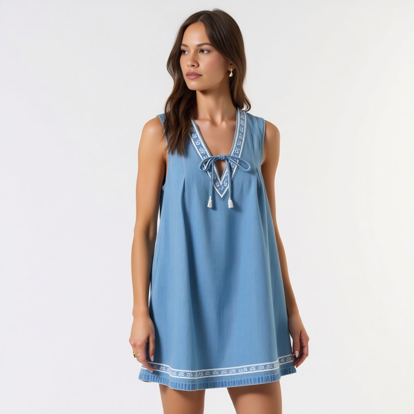 Sleeveless Mini Dress with Embroidered Trim and Tie Front Detail