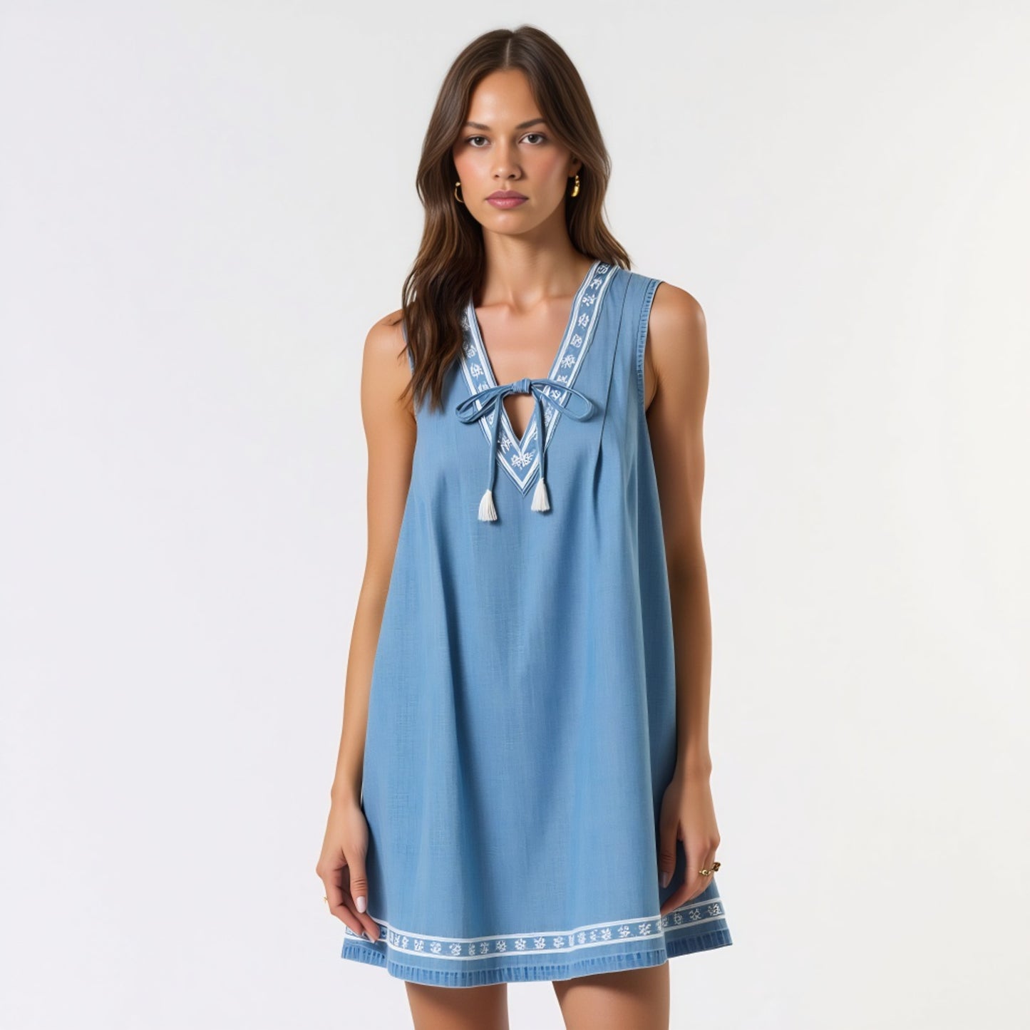 Sleeveless Mini Dress with Embroidered Trim and Tie Front Detail