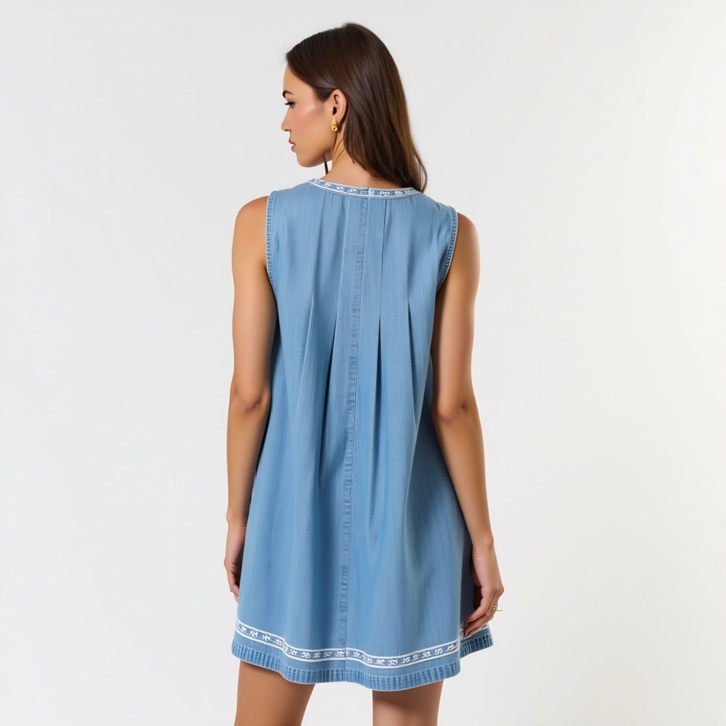 Sleeveless Mini Dress with Embroidered Trim and Tie Front Detail