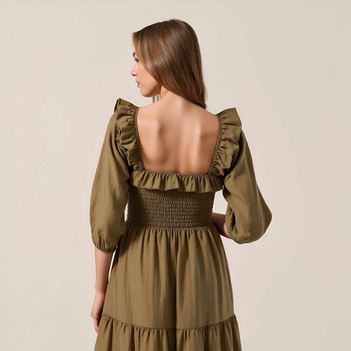 Tiered Maxi Dress with Smocked Bodice and 3/4 Puff Sleeves