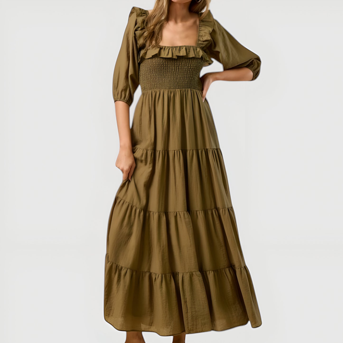 Tiered Maxi Dress with Smocked Bodice and 3/4 Puff Sleeves
