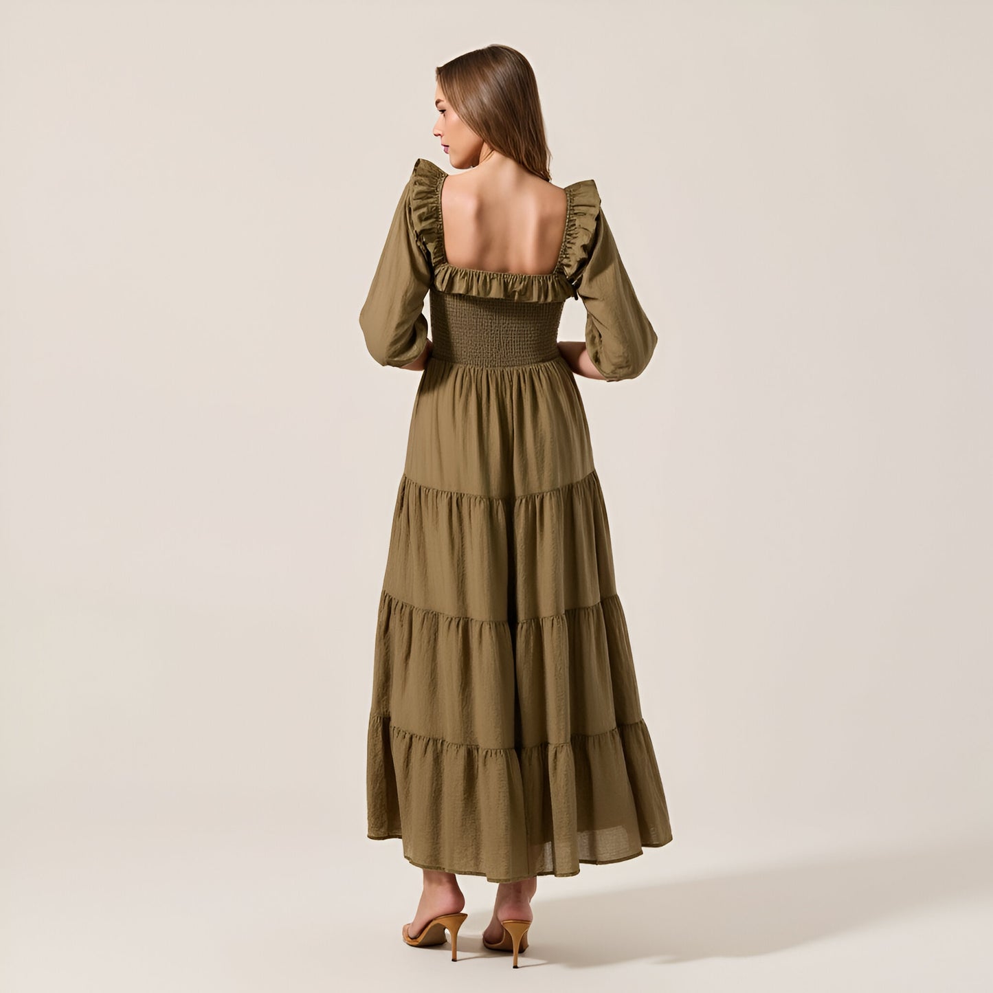 Tiered Maxi Dress with Smocked Bodice and 3/4 Puff Sleeves