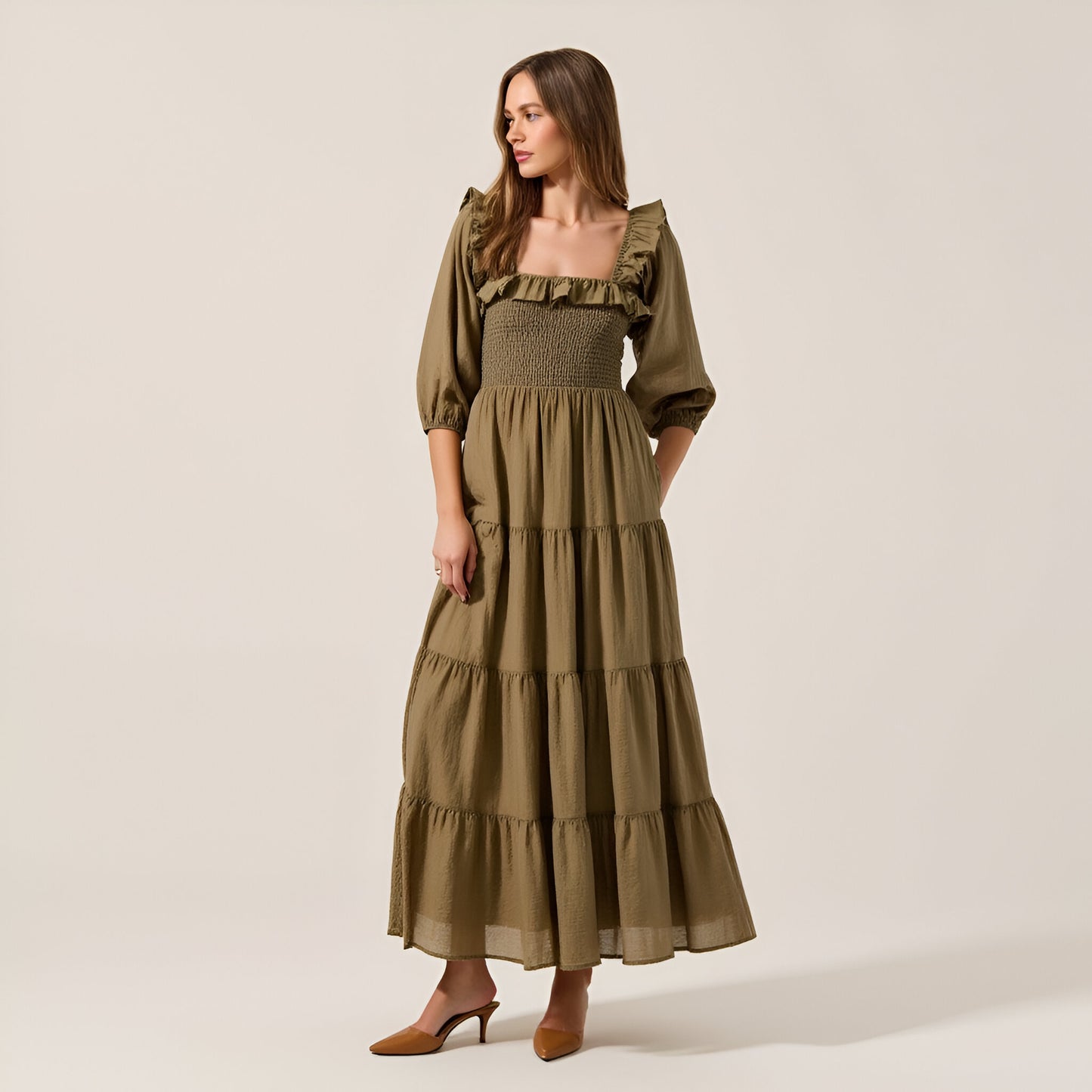 Tiered Maxi Dress with Smocked Bodice and 3/4 Puff Sleeves
