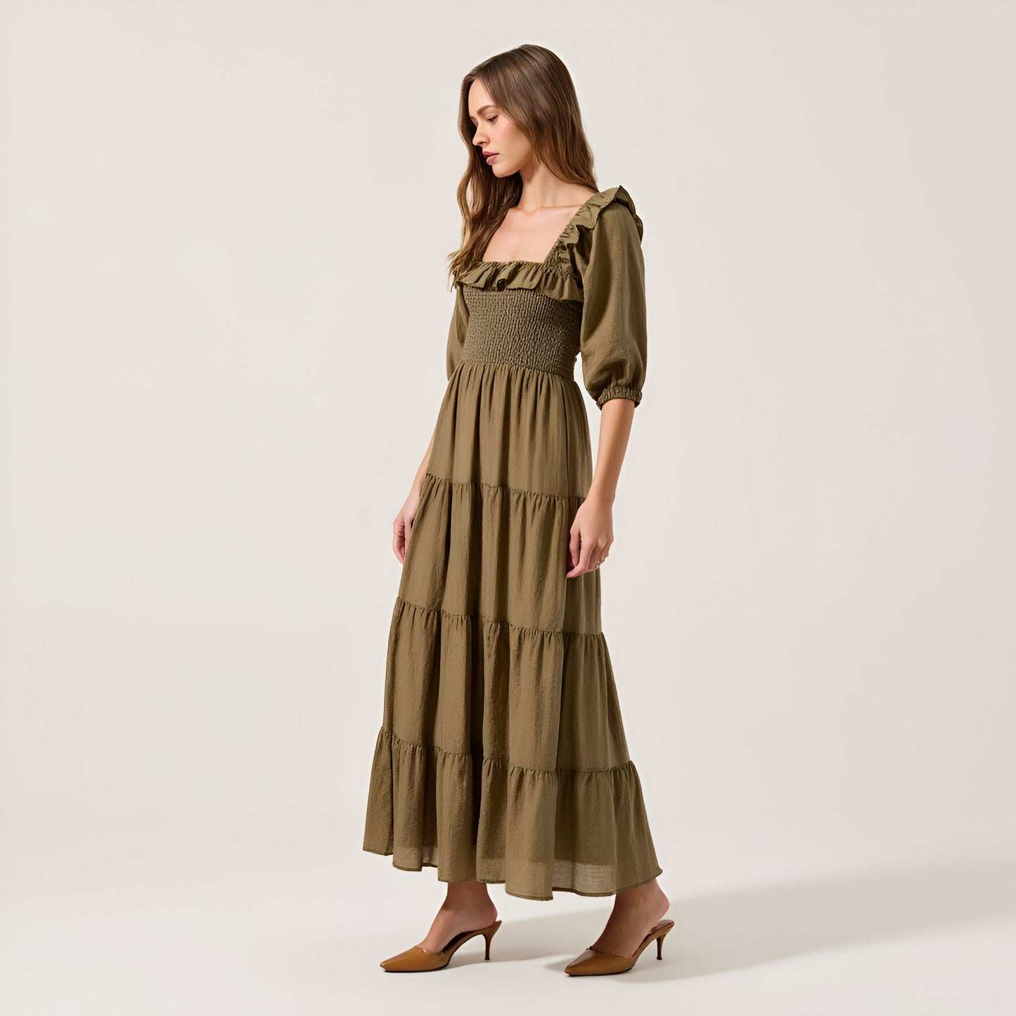 Tiered Maxi Dress with Smocked Bodice and 3/4 Puff Sleeves