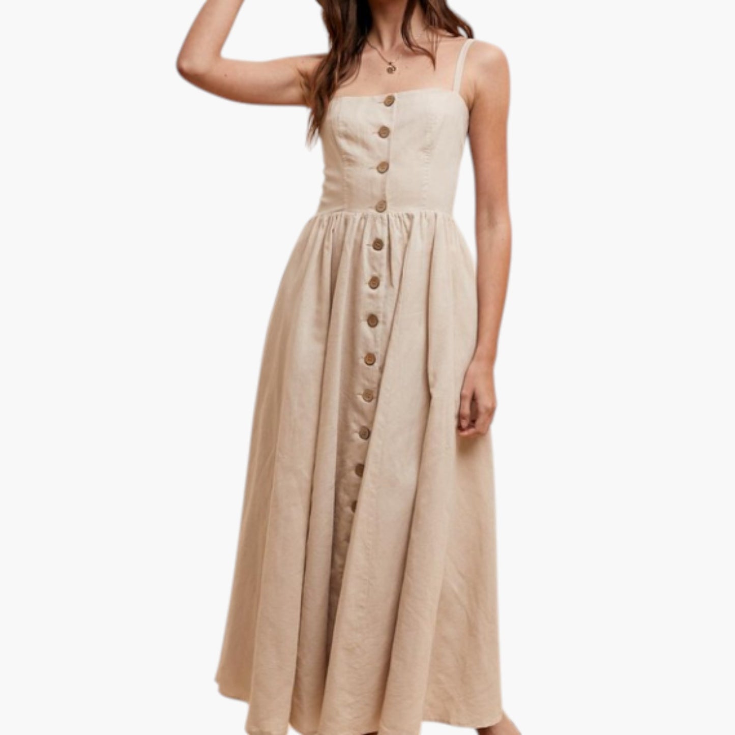 Button Front Midi Dress with Spaghetti Straps and Side Pockets