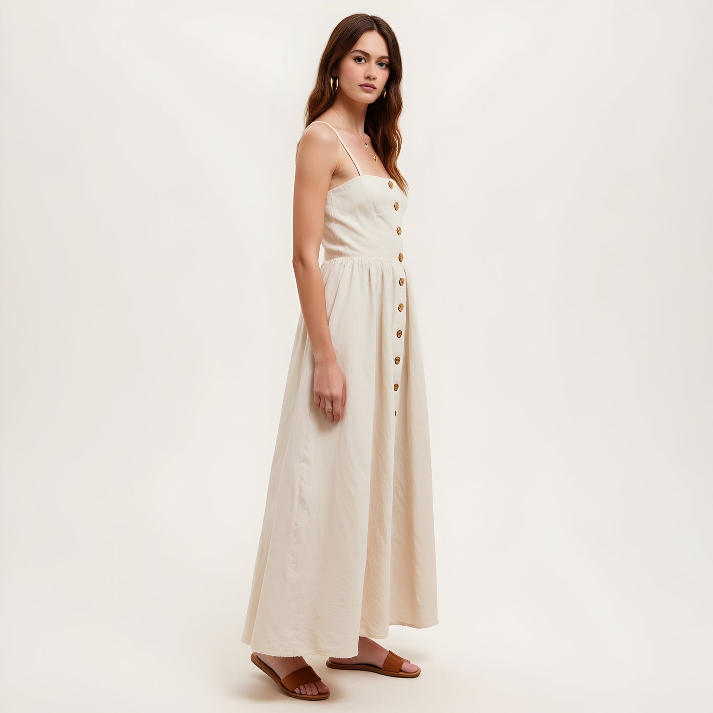 Button Front Midi Dress with Spaghetti Straps and Side Pockets