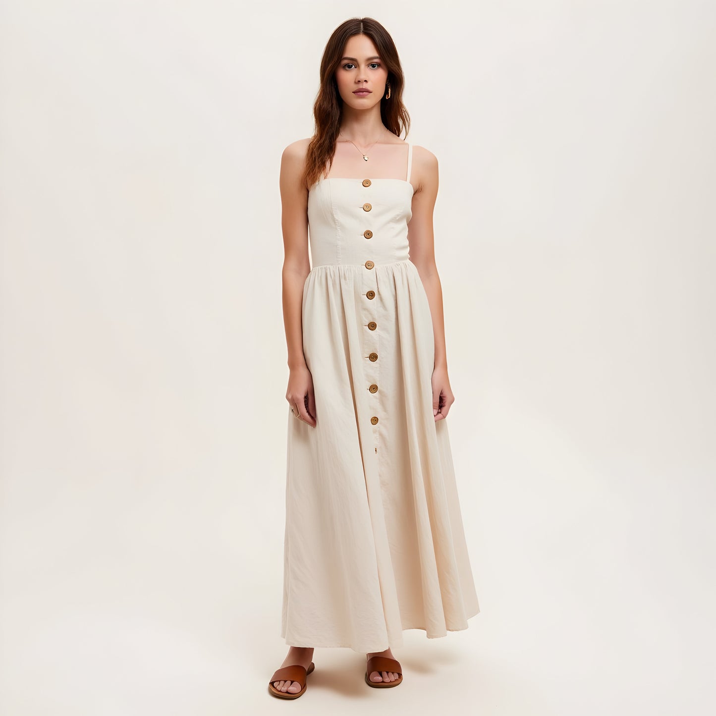 Button Front Midi Dress with Spaghetti Straps and Side Pockets