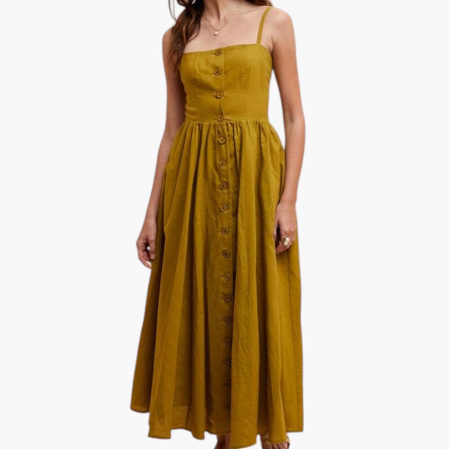 Button Front Midi Dress with Spaghetti Straps and Side Pockets