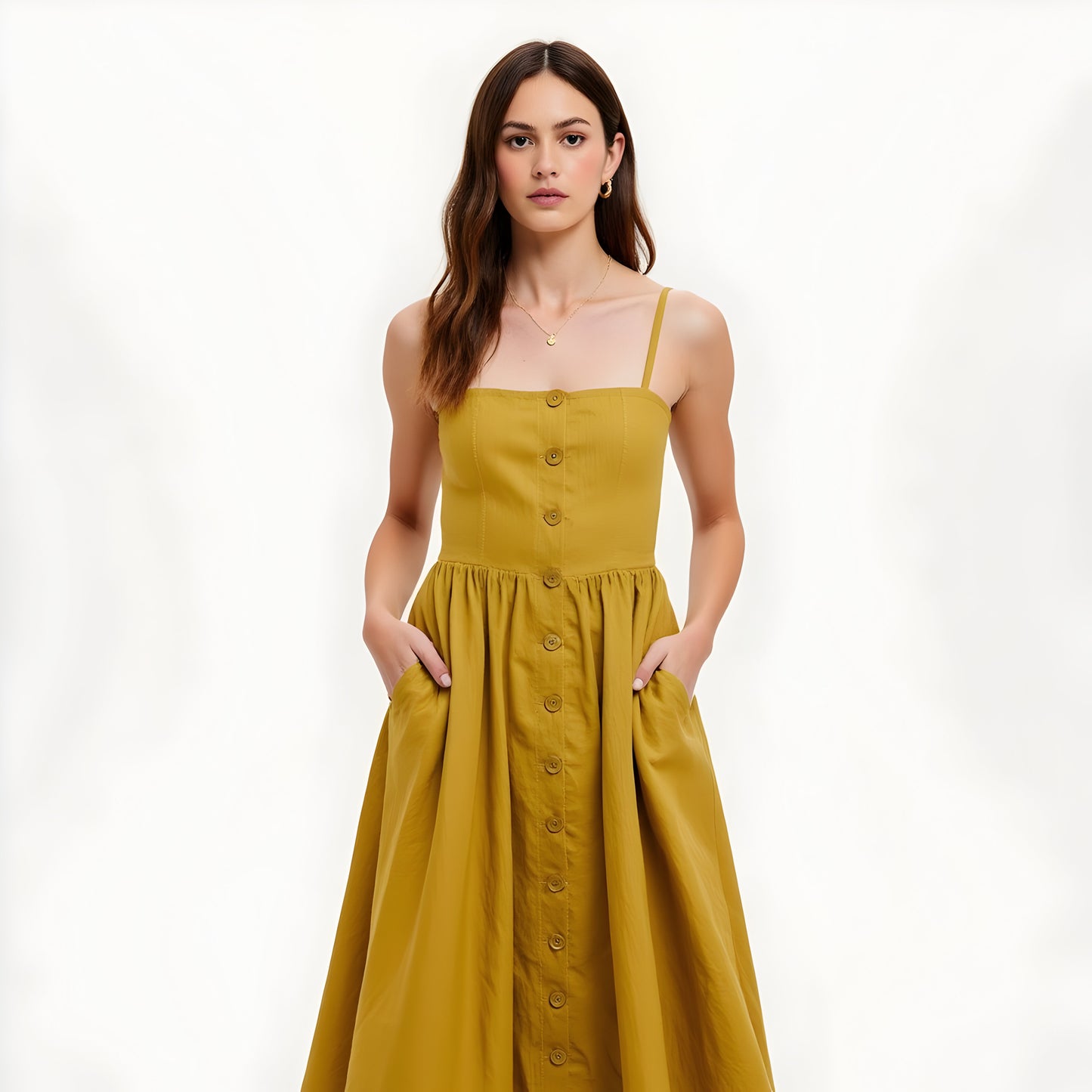 Button Front Midi Dress with Spaghetti Straps and Side Pockets