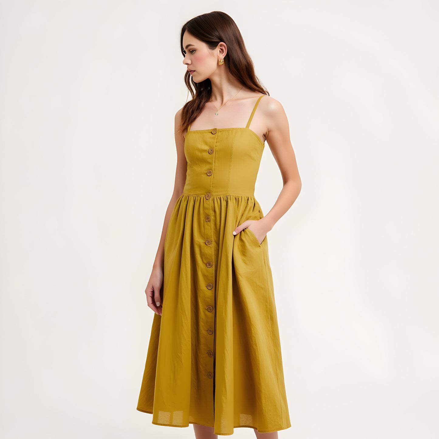 Button Front Midi Dress with Spaghetti Straps and Side Pockets
