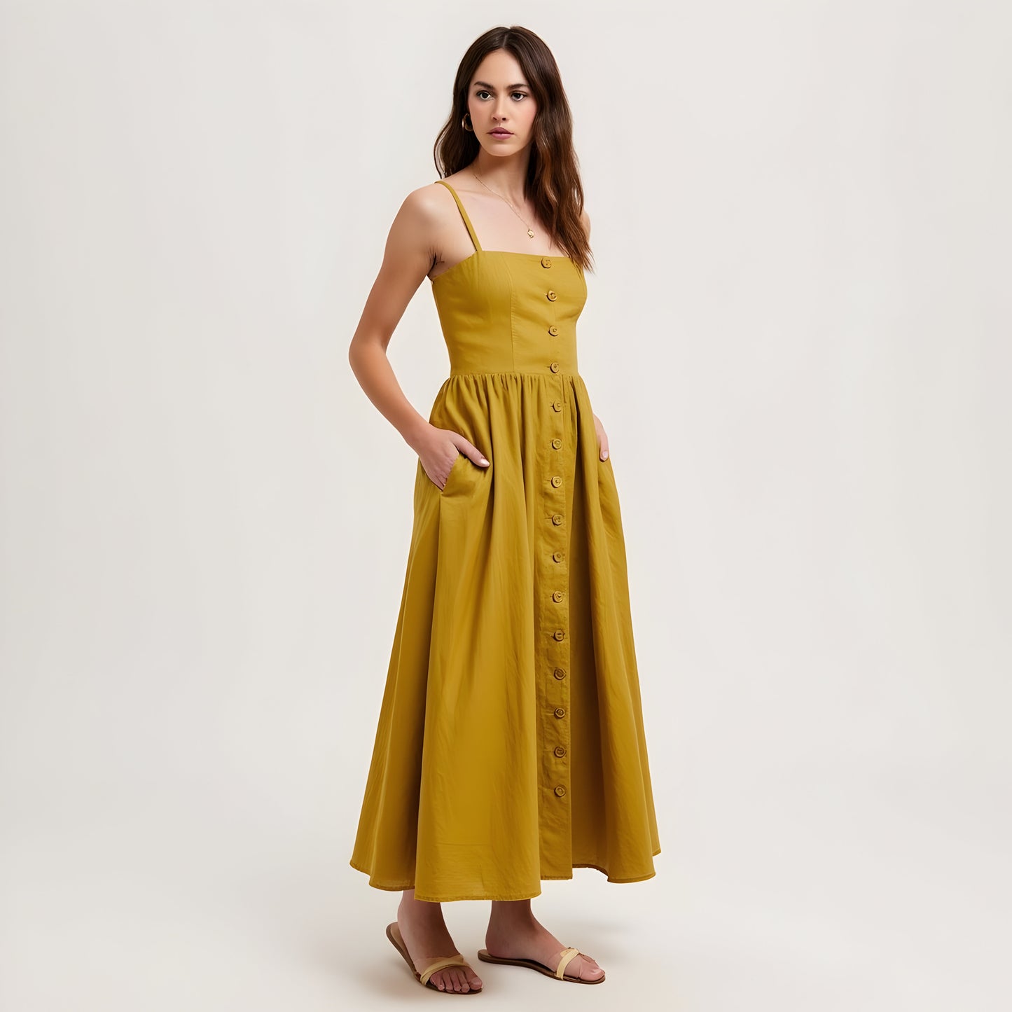 Button Front Midi Dress with Spaghetti Straps and Side Pockets