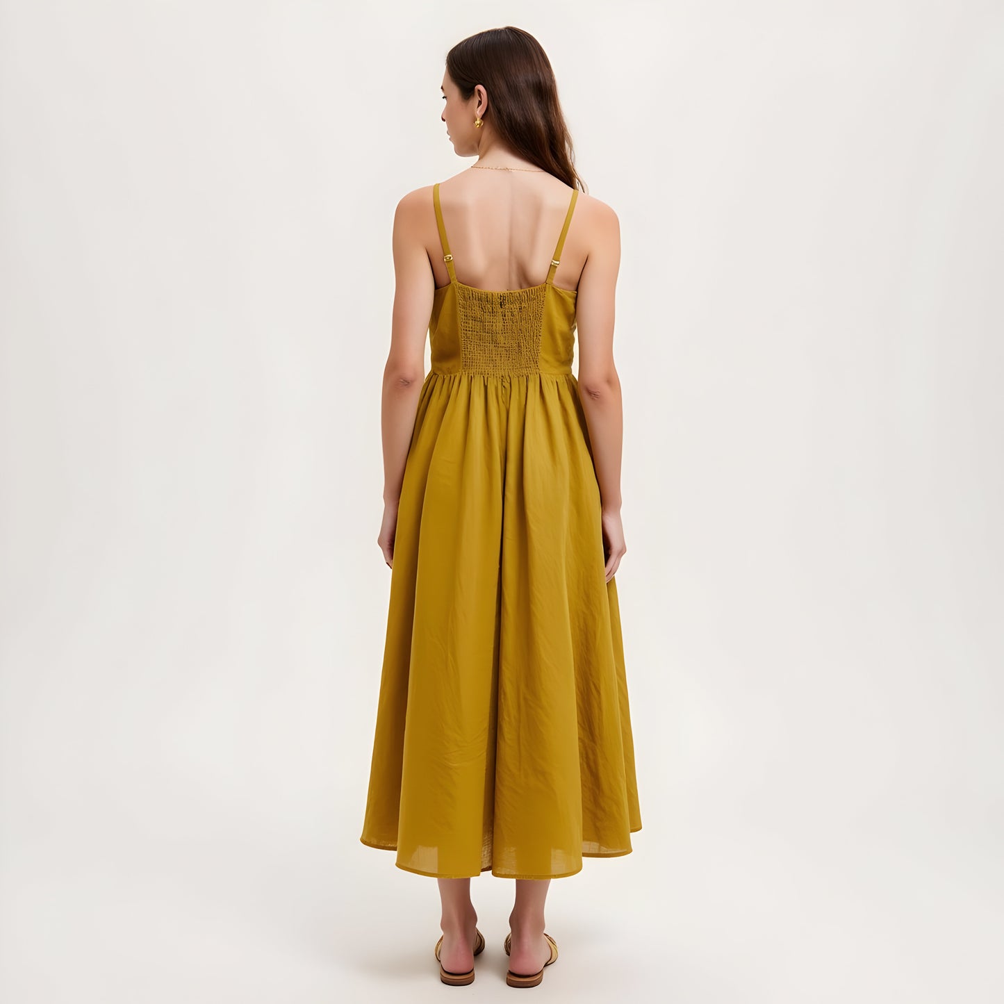 Button Front Midi Dress with Spaghetti Straps and Side Pockets