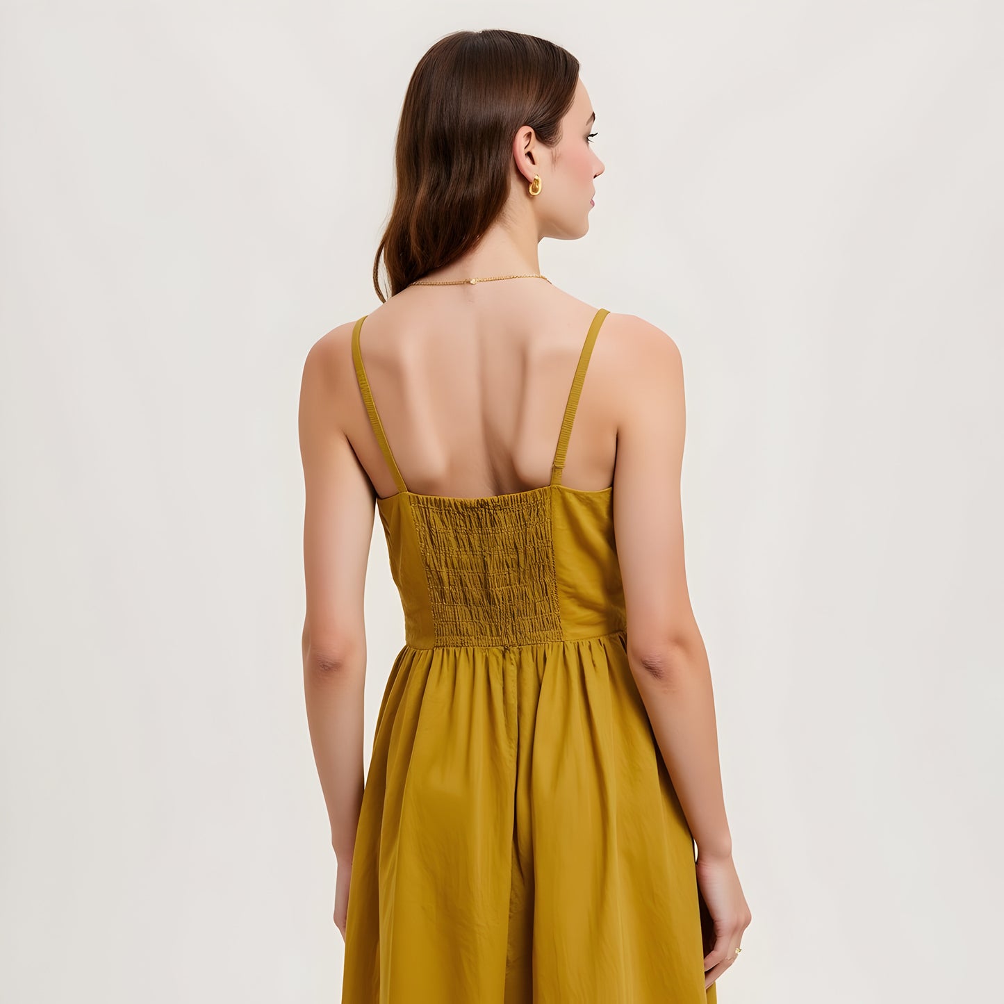 Button Front Midi Dress with Spaghetti Straps and Side Pockets