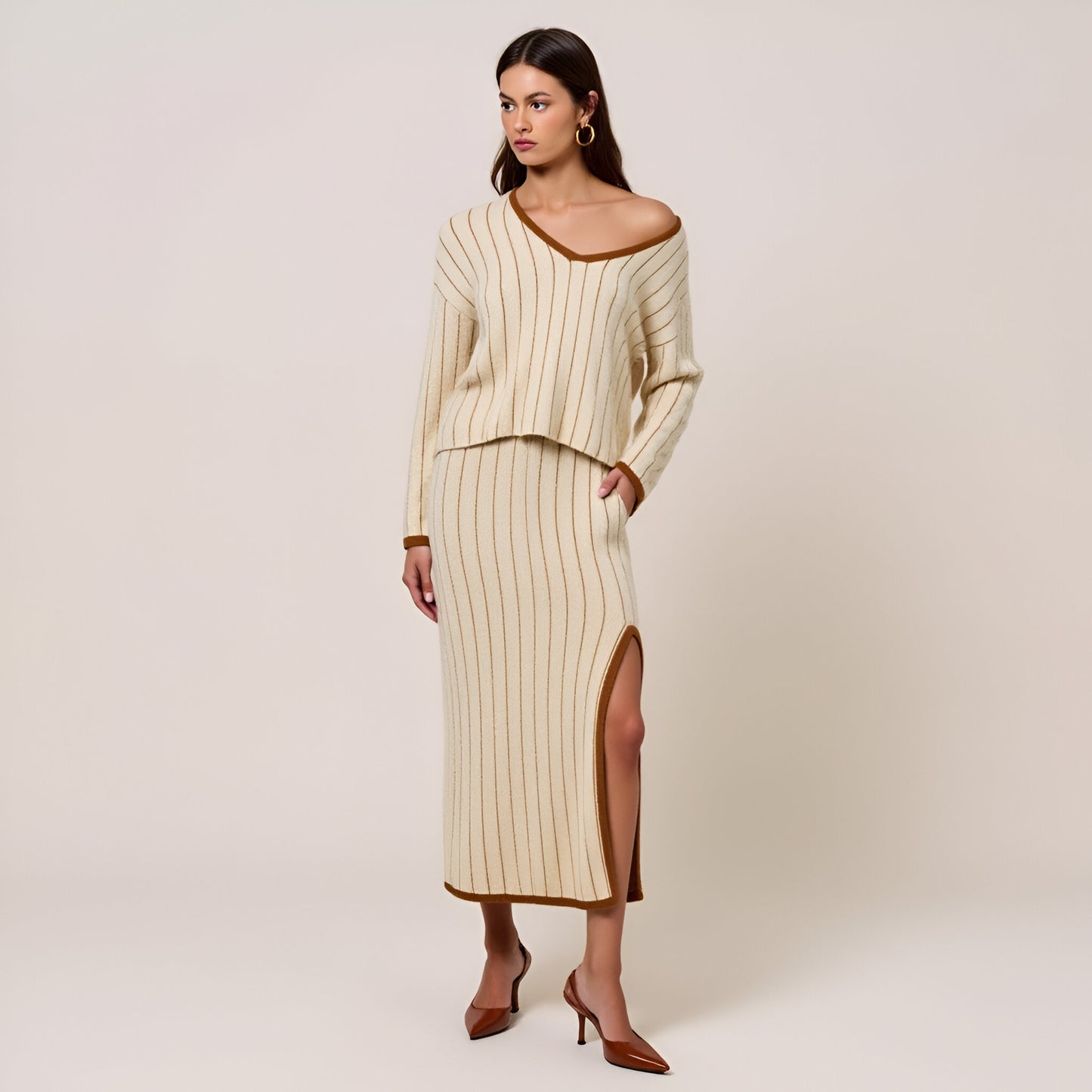 Striped Knit Sweater and Midi Skirt Set with Contrast Trim and Side Slit Detail