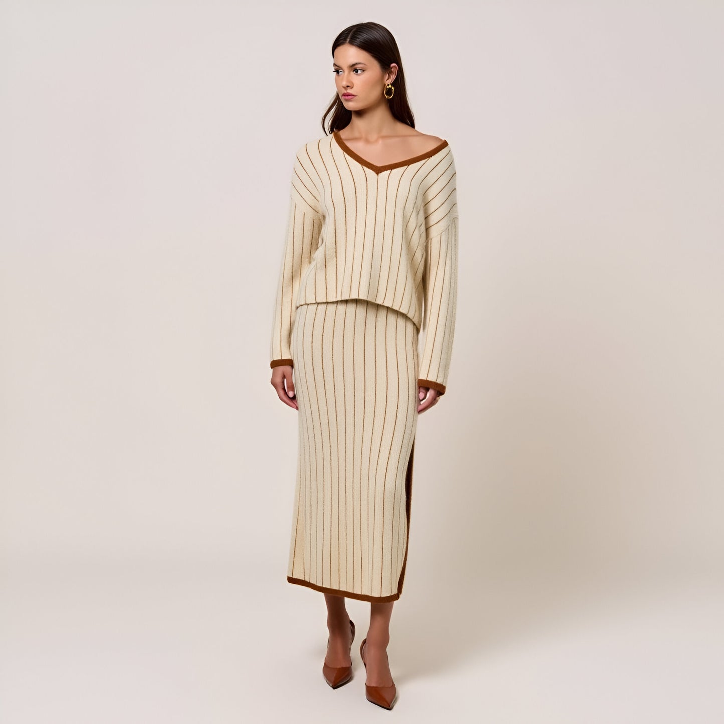 Striped Knit Sweater and Midi Skirt Set with Contrast Trim and Side Slit Detail