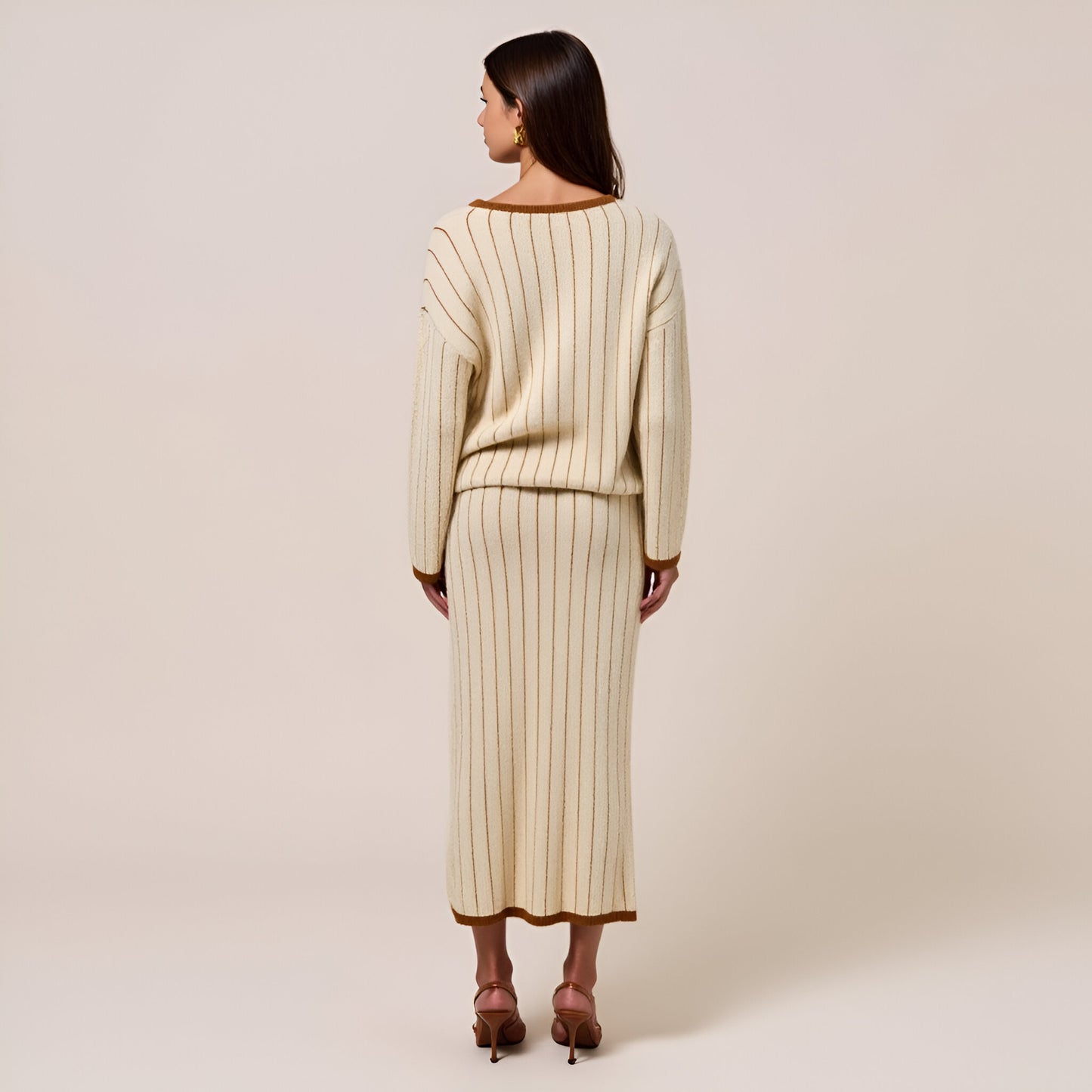 Striped Knit Sweater and Midi Skirt Set with Contrast Trim and Side Slit Detail