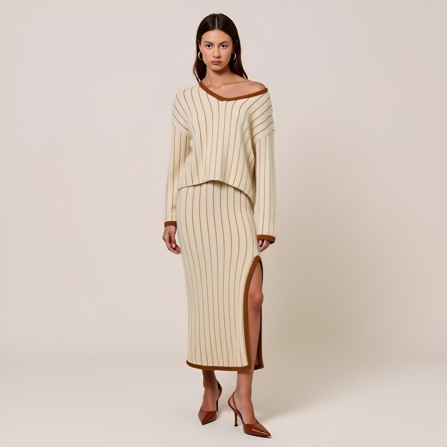 Striped Knit Sweater and Midi Skirt Set with Contrast Trim and Side Slit Detail