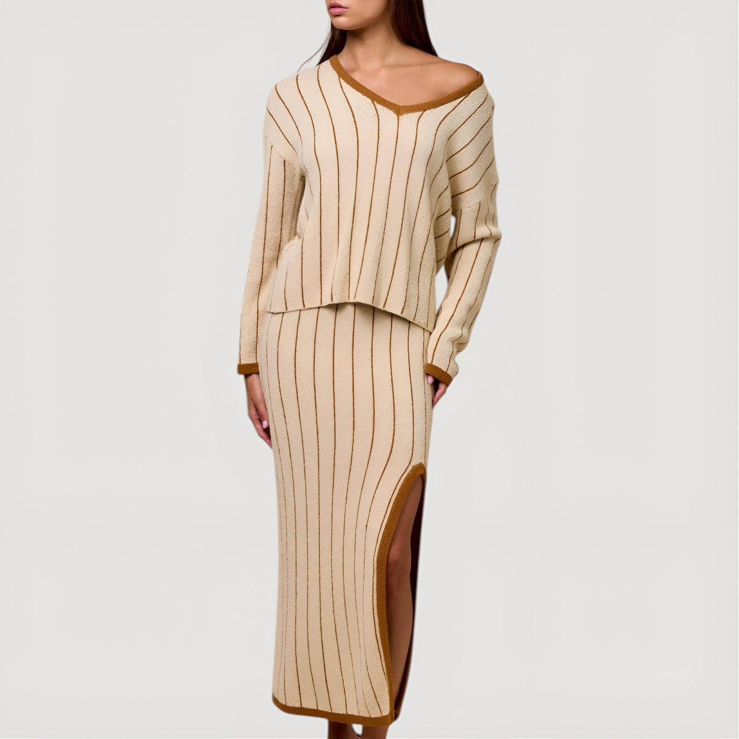 Striped Knit Sweater and Midi Skirt Set with Contrast Trim and Side Slit Detail