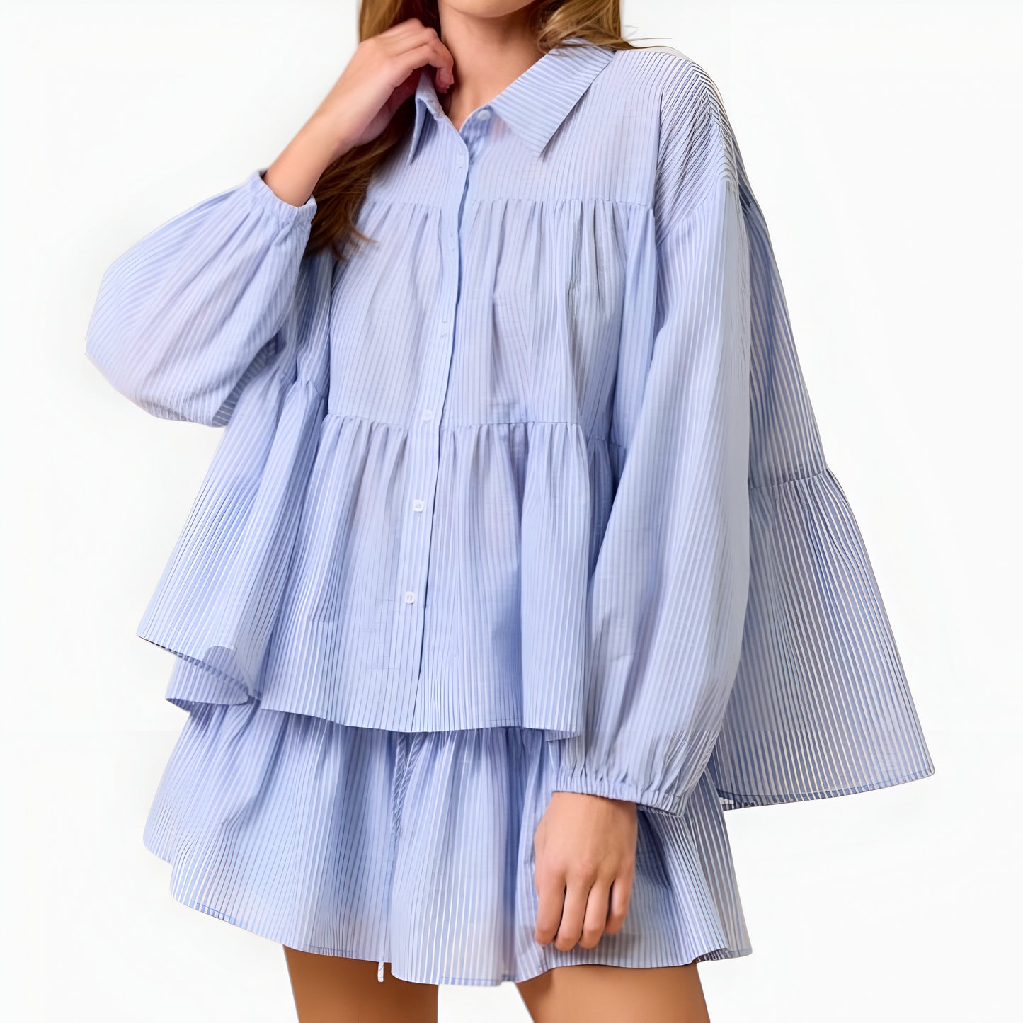 Tiered Button-Up Shirt and Flowy Shorts Set with Subtle Stripe Texture