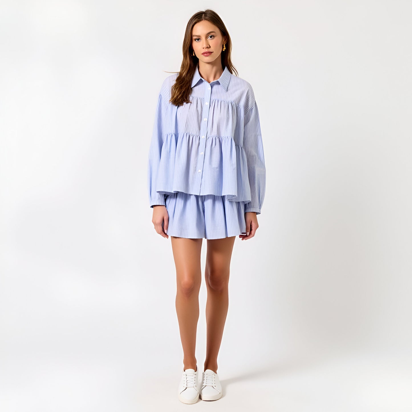 Tiered Button-Up Shirt and Flowy Shorts Set with Subtle Stripe Texture