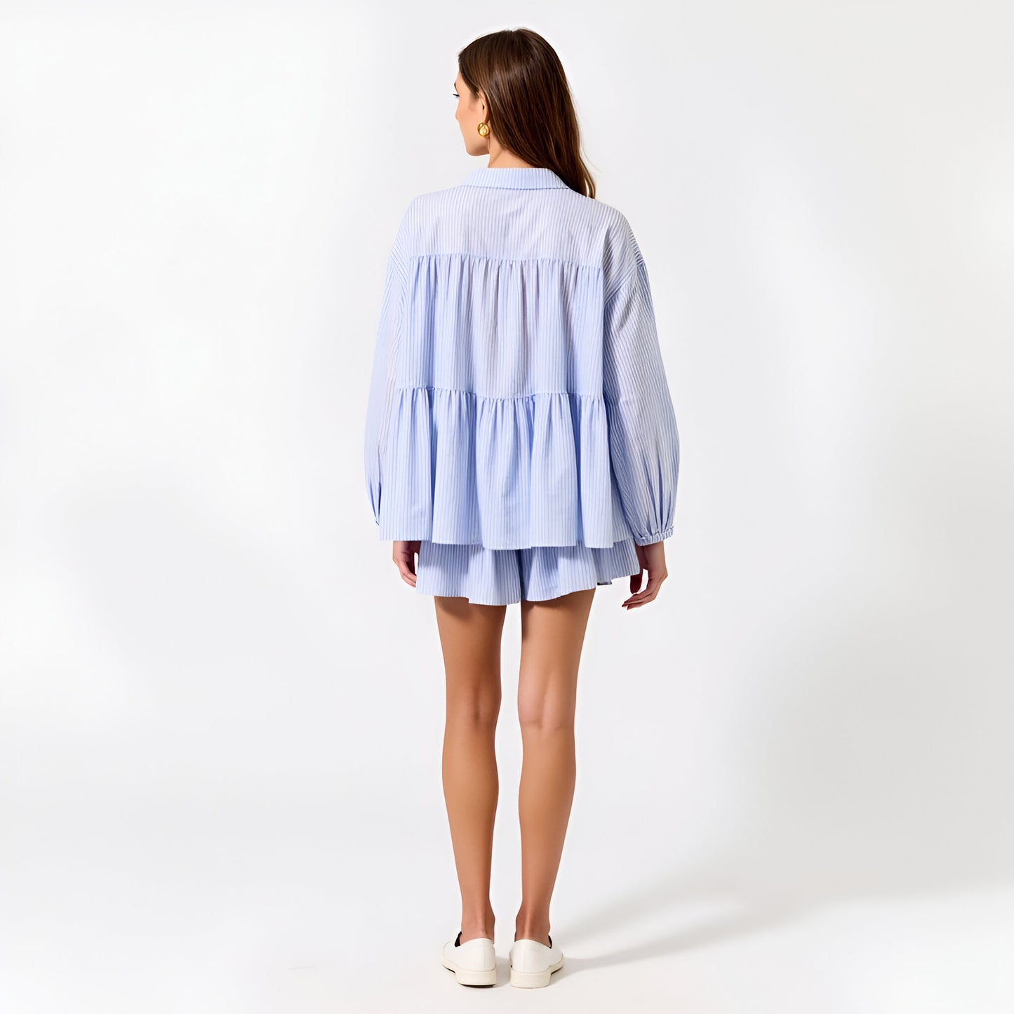 Tiered Button-Up Shirt and Flowy Shorts Set with Subtle Stripe Texture