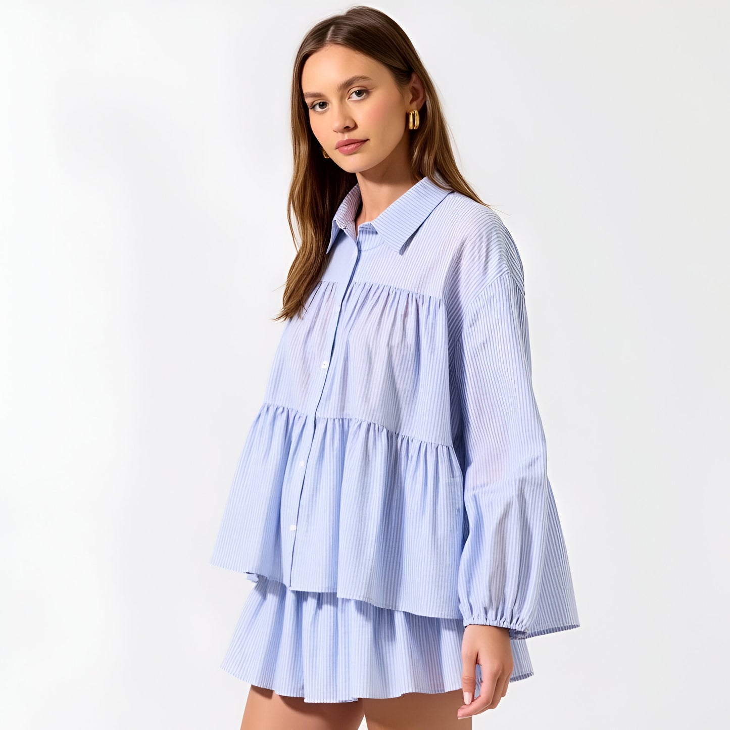 Tiered Button-Up Shirt and Flowy Shorts Set with Subtle Stripe Texture