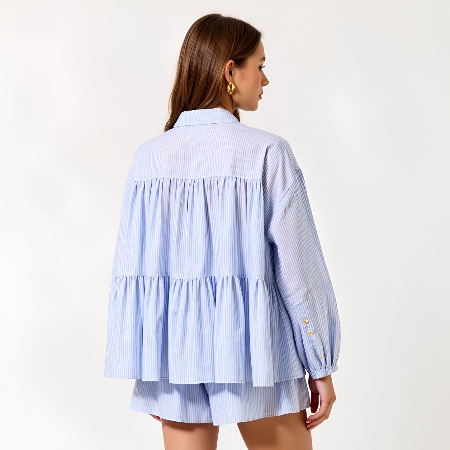 Tiered Button-Up Shirt and Flowy Shorts Set with Subtle Stripe Texture