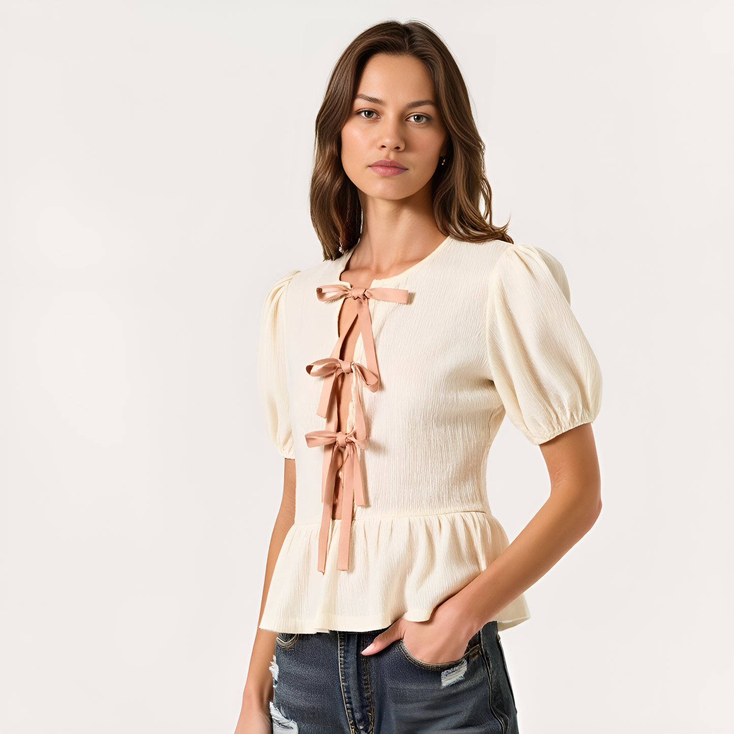 Puff-Sleeve Peplum Blouse with Bow-Tie Front Detail